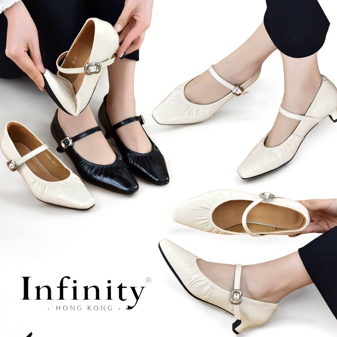 邊扣方頭中跟鞋