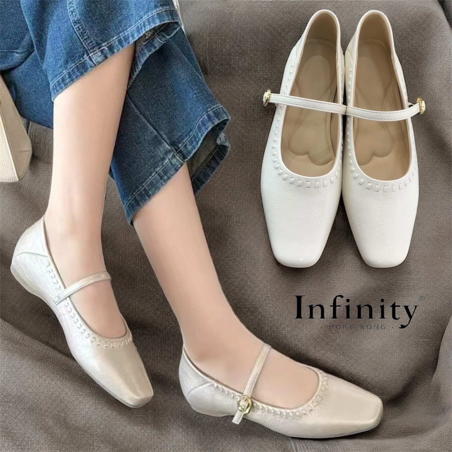 閃面方頭幼帶鞋